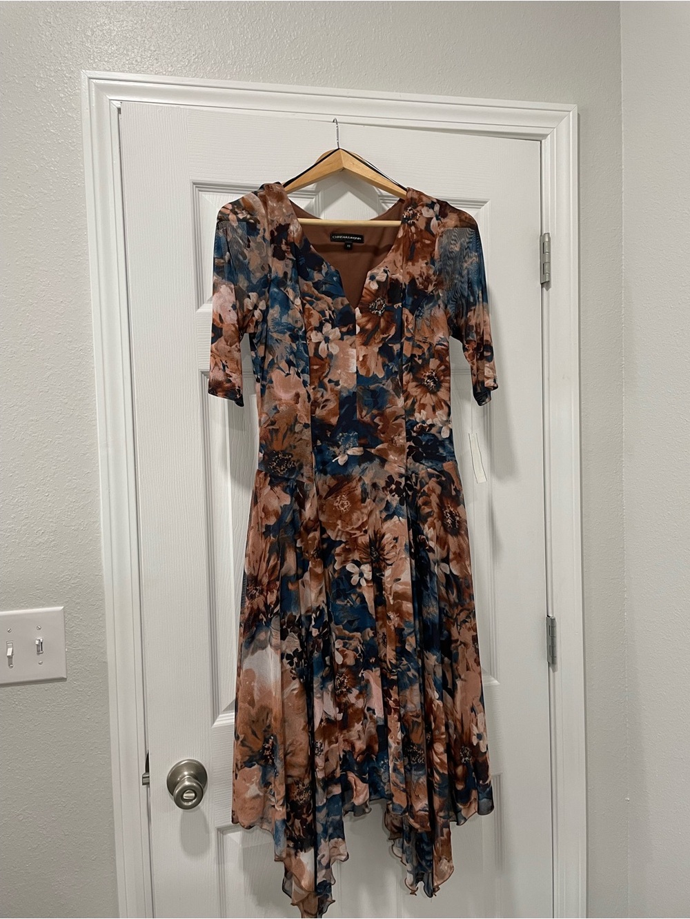 Floral V-Neck Midi Dress in Brown and Blue